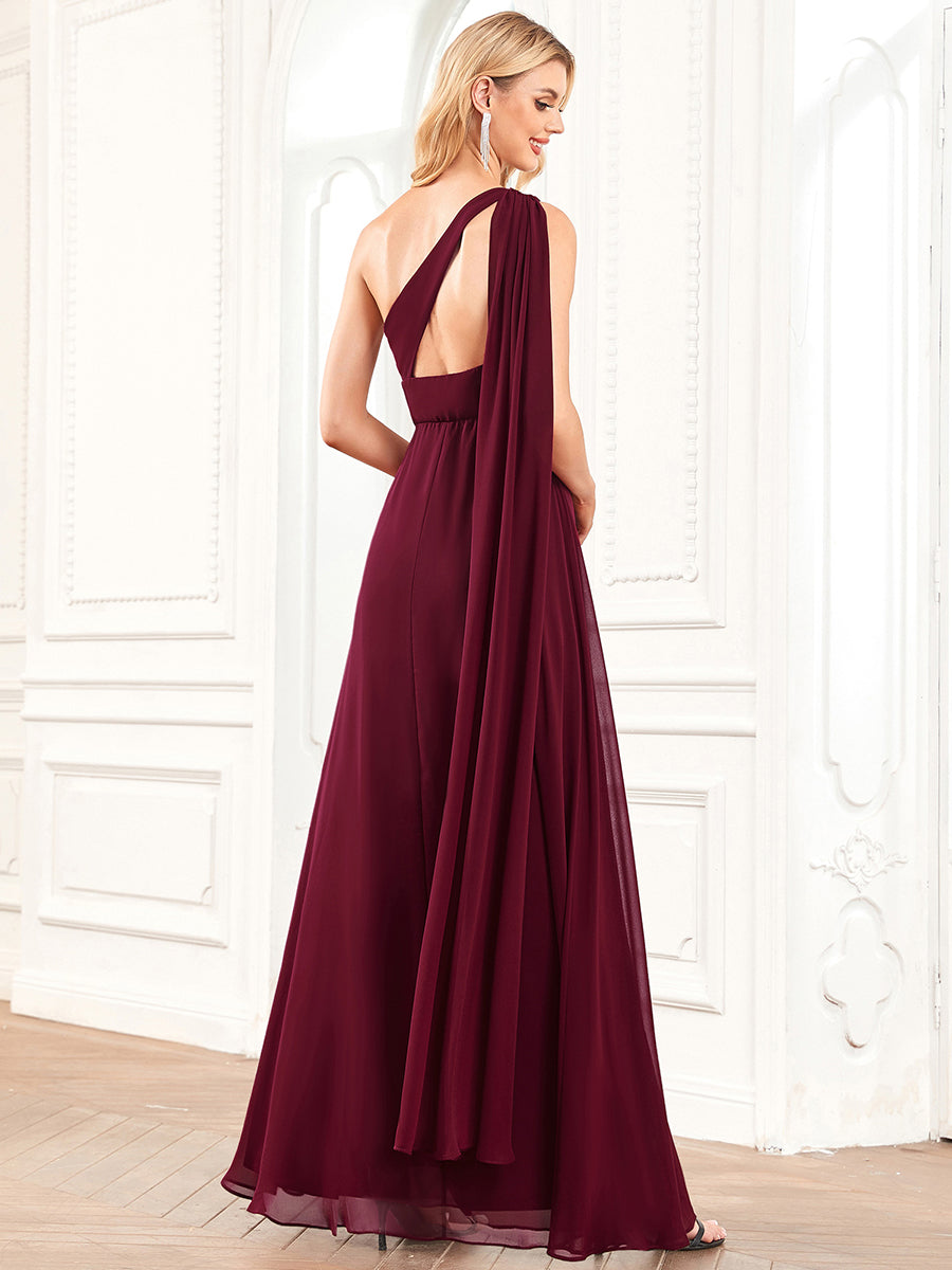 Robe demoiselle d'honneur plissée Manche asymétrique A-Ligne #Couleur_Bordeaux Robe demoiselle d'honneur plissée Manche asymétrique A-Ligne