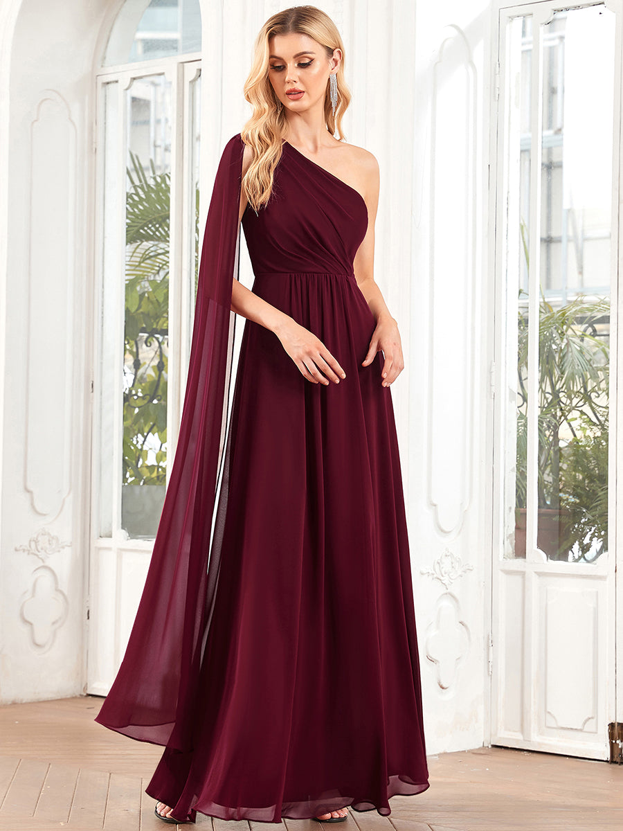Robe demoiselle d'honneur plissée Manche asymétrique A-Ligne #Couleur_Bordeaux Robe demoiselle d'honneur plissée Manche asymétrique A-Ligne