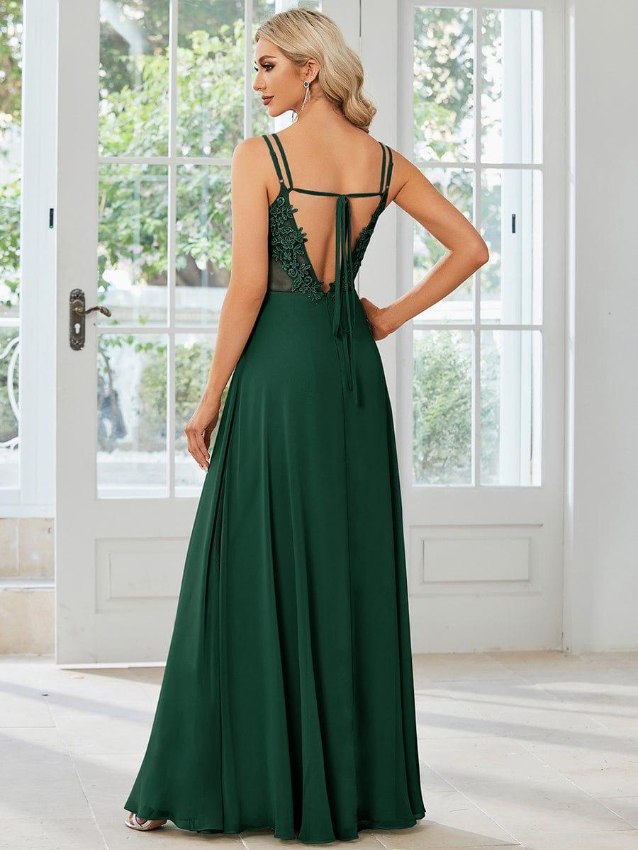 Robe demoiselle d'honneur mousseline et dentelle dos nu bretelles fines #Couleur_Vert Fonce
