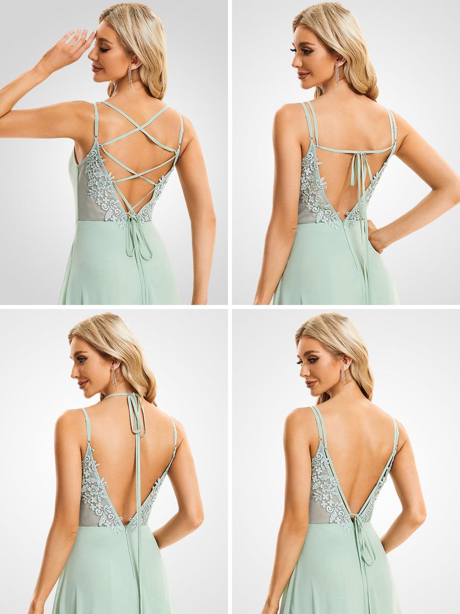 Robe demoiselle d'honneur mousseline et dentelle dos nu bretelles fines #Couleur_Menthe Verte