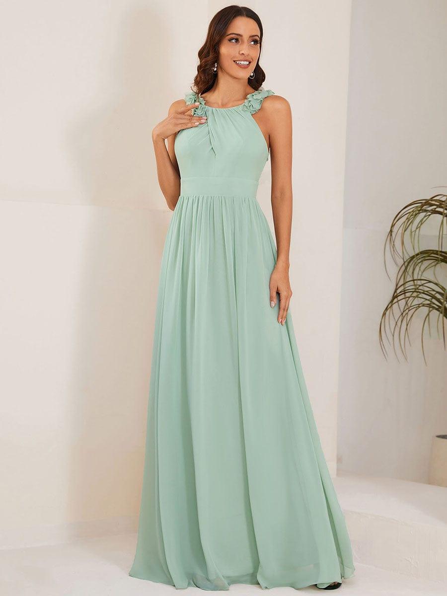 Robe demoiselle d'honneur mousseline plissée sans manches Appliques florales #Couleur_Rose Robe demoiselle d'honneur mousseline plissée sans manches Appliques florales