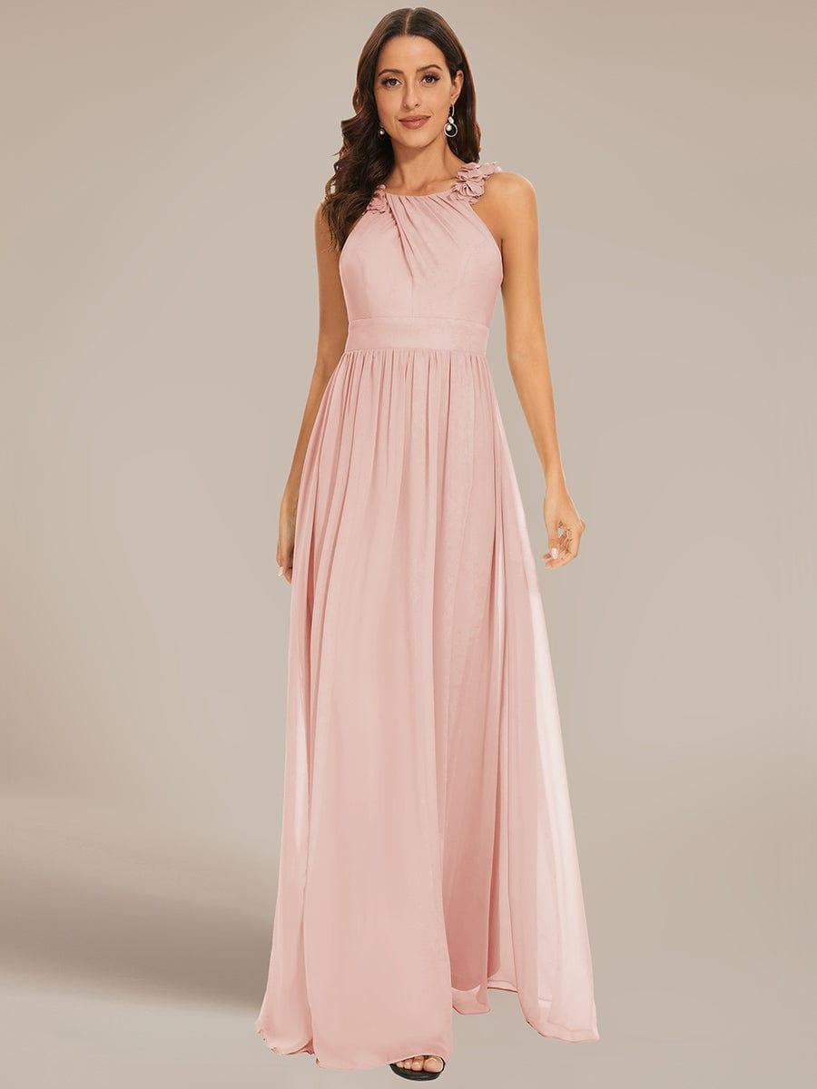 Robe demoiselle d'honneur mousseline plissée sans manches Appliques florales #Couleur_Rose Robe demoiselle d'honneur mousseline plissée sans manches Appliques florales