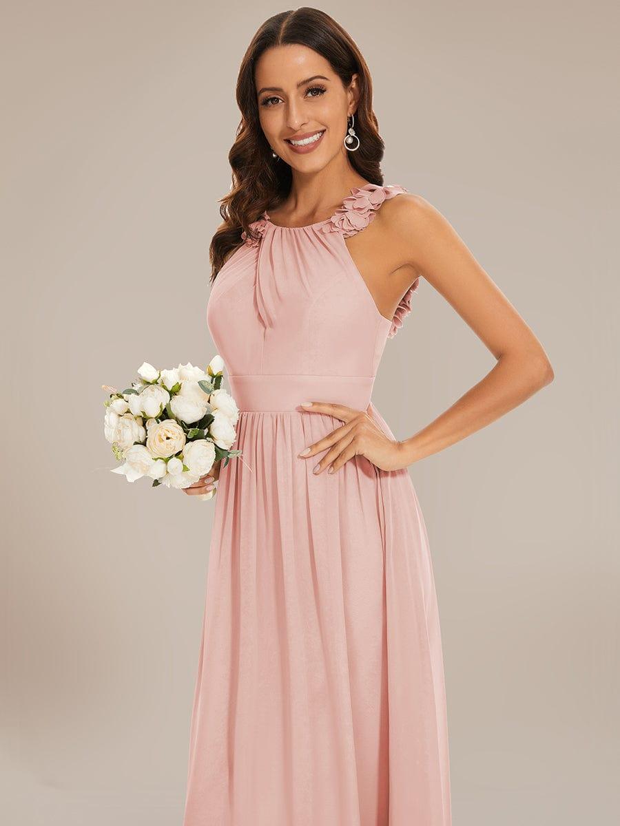 Robe demoiselle d'honneur mousseline plissée sans manches Appliques florales #Couleur_Rose Robe demoiselle d'honneur mousseline plissée sans manches Appliques florales
