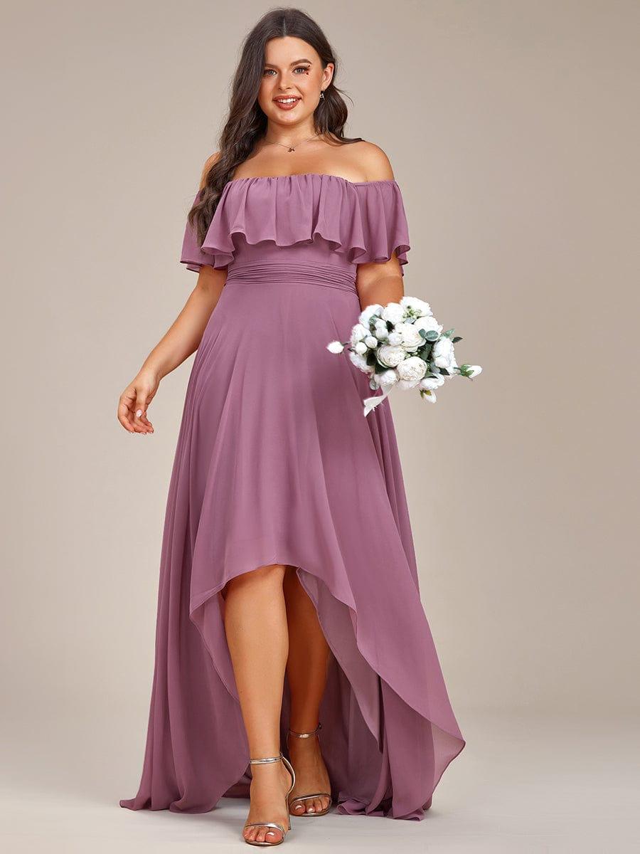 Robe demoiselle d'honneur fluide en mousseline épaules dénudées grande taille #couleur_Orchidee Robe demoiselle d'honneur fluide en mousseline épaules dénudées grande taille