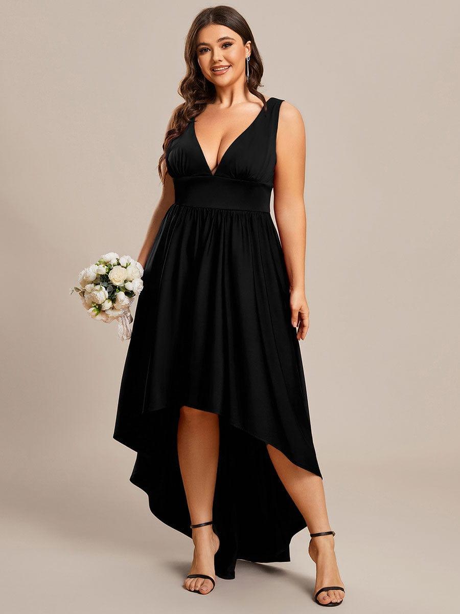 Robe Demoiselle d'honneur Taille Empire Sans Manches Haute-basse Grande Taille #Couleur_Bleu Marine Robe Demoiselle d'honneur Taille Empire Sans Manches Haute-basse Grande Taille