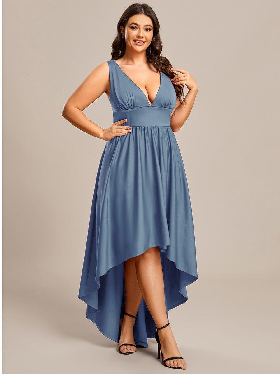 Robe Demoiselle d'honneur Taille Empire Sans Manches Haute-basse Grande Taille #Couleur_Bleu Marine Robe Demoiselle d'honneur Taille Empire Sans Manches Haute-basse Grande Taille