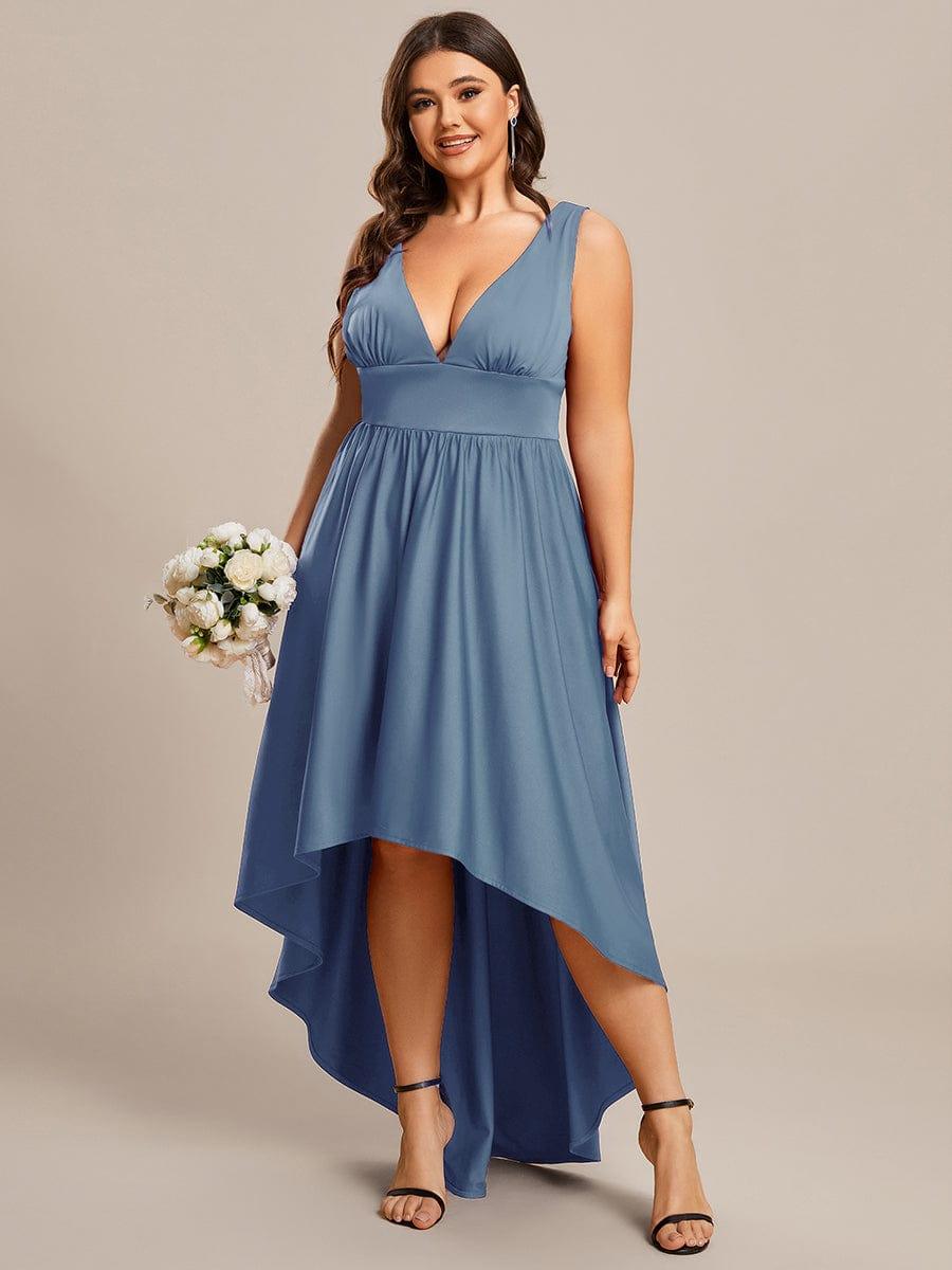 Robe Demoiselle d'honneur Taille Empire Sans Manches Haute-basse Grande Taille #Couleur_Bleu Marine Robe Demoiselle d'honneur Taille Empire Sans Manches Haute-basse Grande Taille