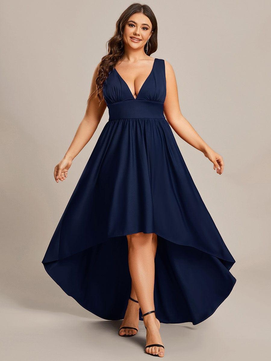 Robe Demoiselle d'honneur Taille Empire Sans Manches Haute-basse Grande Taille #Couleur_Bleu Marine Robe Demoiselle d'honneur Taille Empire Sans Manches Haute-basse Grande Taille