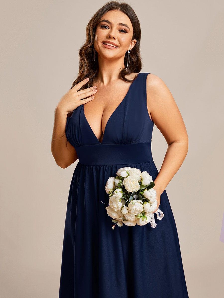 Robe Demoiselle d'honneur Taille Empire Sans Manches Haute-basse Grande Taille #Couleur_Bleu Marine Robe Demoiselle d'honneur Taille Empire Sans Manches Haute-basse Grande Taille