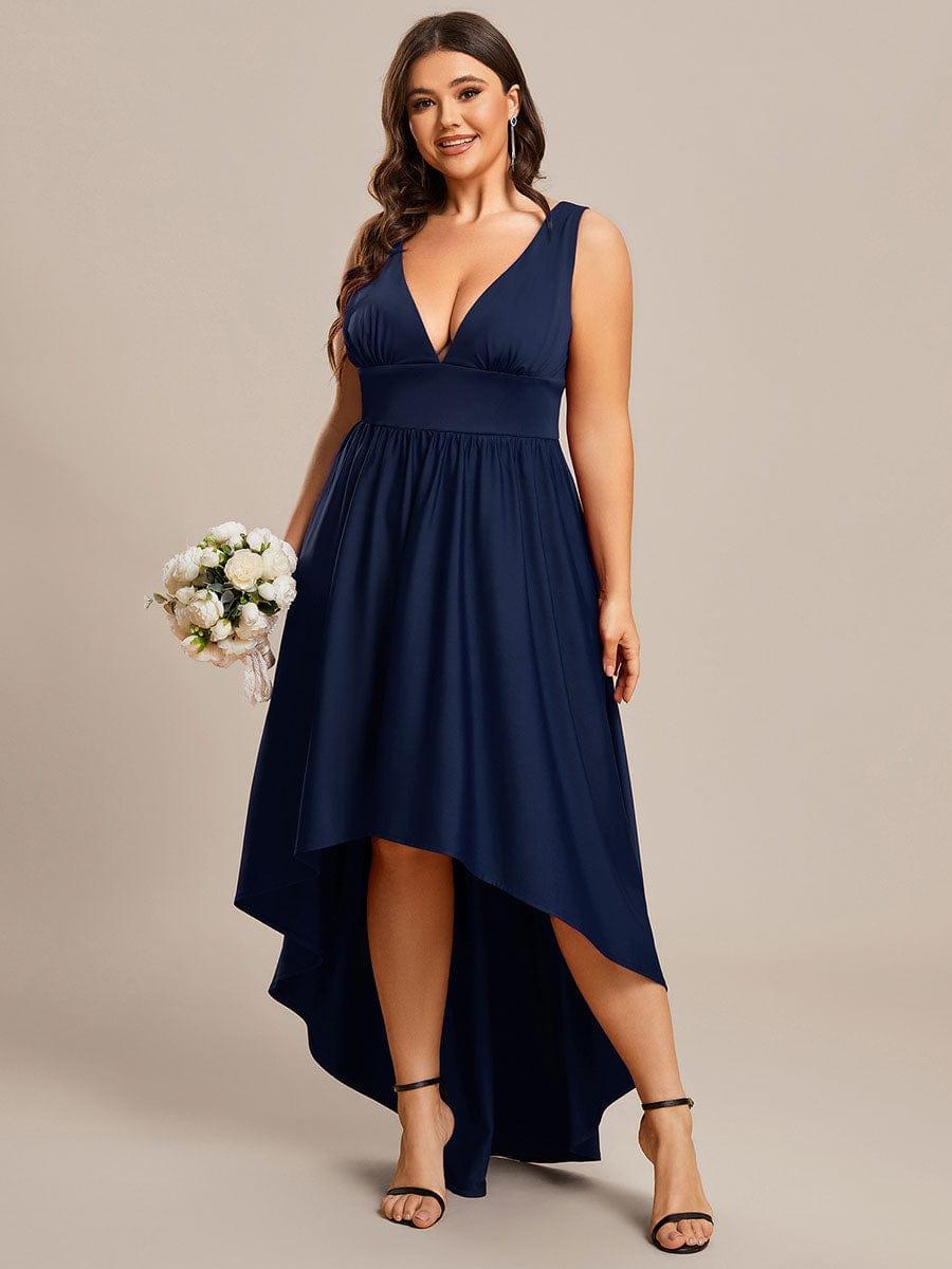 Robe Demoiselle d'honneur Taille Empire Sans Manches Haute-basse Grande Taille #Couleur_Bleu Marine Robe Demoiselle d'honneur Taille Empire Sans Manches Haute-basse Grande Taille