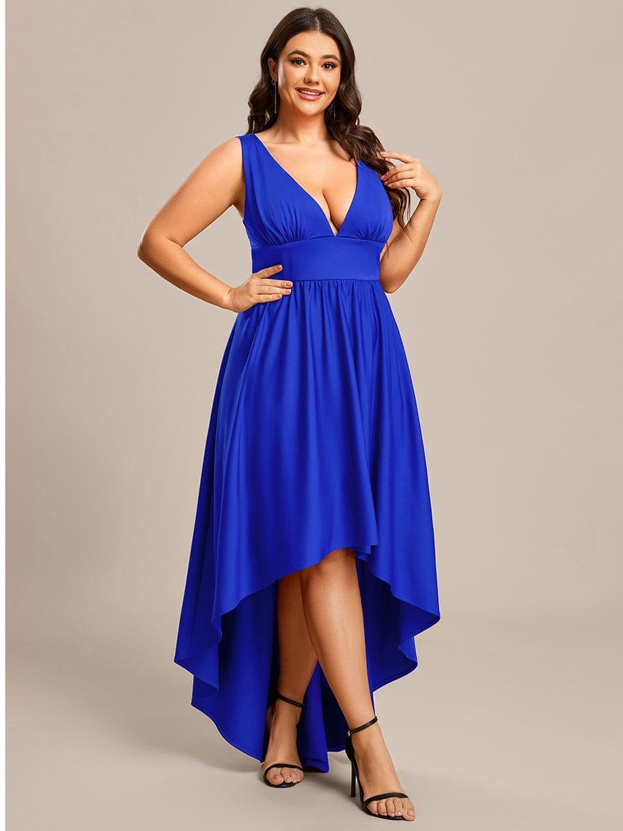 Robe Demoiselle d'honneur Taille Empire Sans Manches Haute-basse Grande Taille #Couleur_Bleu Marine Robe Demoiselle d'honneur Taille Empire Sans Manches Haute-basse Grande Taille