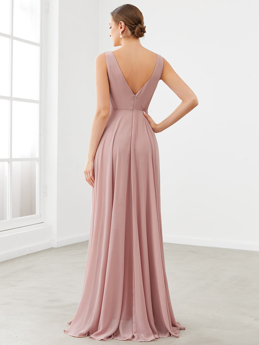 Taille personnalisée Robe de demoiselle d'honneur plissée à encolure en V fendue en mousseline #Couleur_Rose fumee Taille personnalisée Robe de demoiselle d'honneur plissée à encolure en V fendue en mousseline