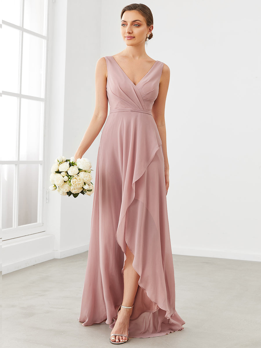 Taille personnalisée Robe de demoiselle d'honneur plissée à encolure en V fendue en mousseline #Couleur_Rose fumee Taille personnalisée Robe de demoiselle d'honneur plissée à encolure en V fendue en mousseline