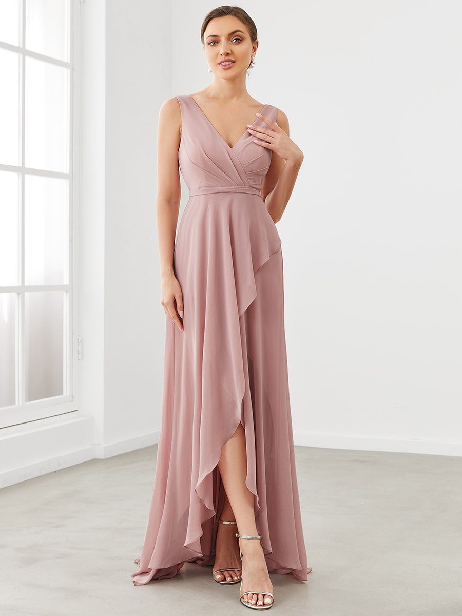 Taille personnalisée Robe de demoiselle d'honneur plissée à encolure en V fendue en mousseline #Couleur_Rose fumee Taille personnalisée Robe de demoiselle d'honneur plissée à encolure en V fendue en mousseline