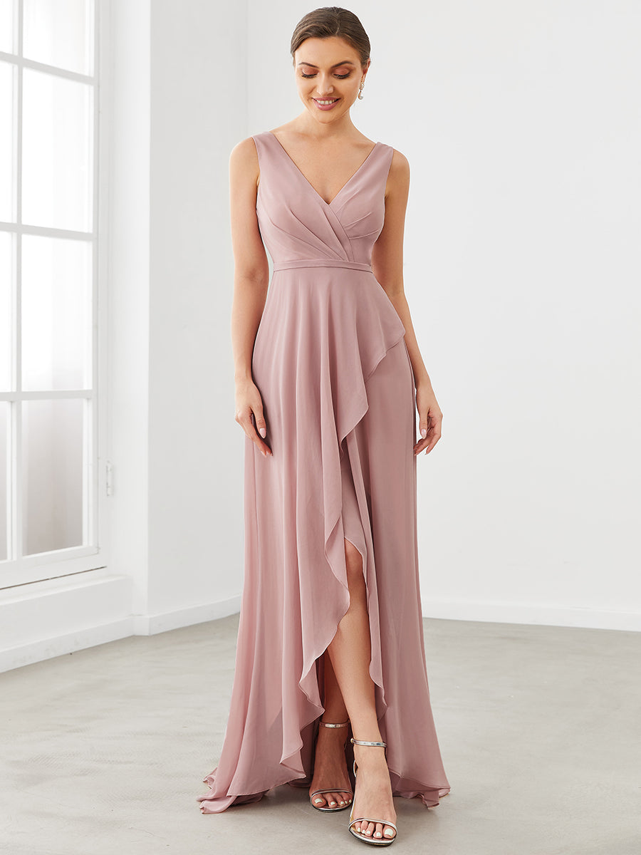 Taille personnalisée Robe de demoiselle d'honneur plissée à encolure en V fendue en mousseline #Couleur_Rose fumee Taille personnalisée Robe de demoiselle d'honneur plissée à encolure en V fendue en mousseline