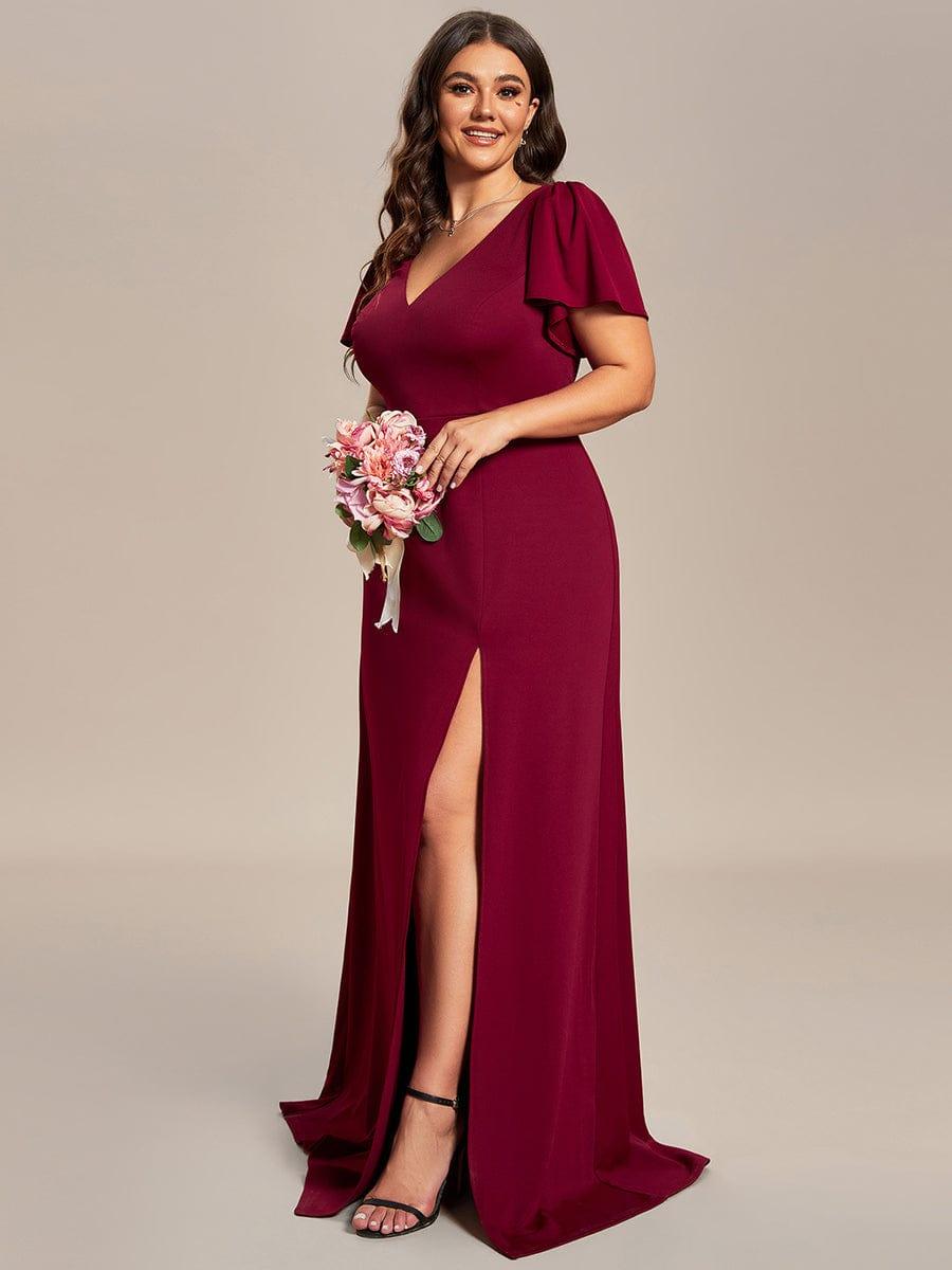 Robe demoiselle d'honneur fendue Manches volantées classiques de grande taille #Couleur_Bordeaux Robe demoiselle d'honneur fendue Manches volantées classiques de grande taille