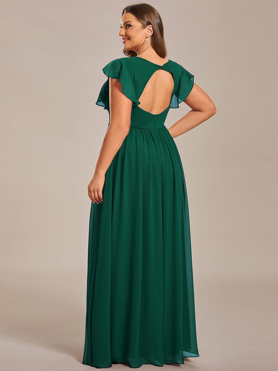 Robe demoiselle d'honneur Curvy mousseline manches plissées avec découpe au dos #Couleur_Vert Fonce