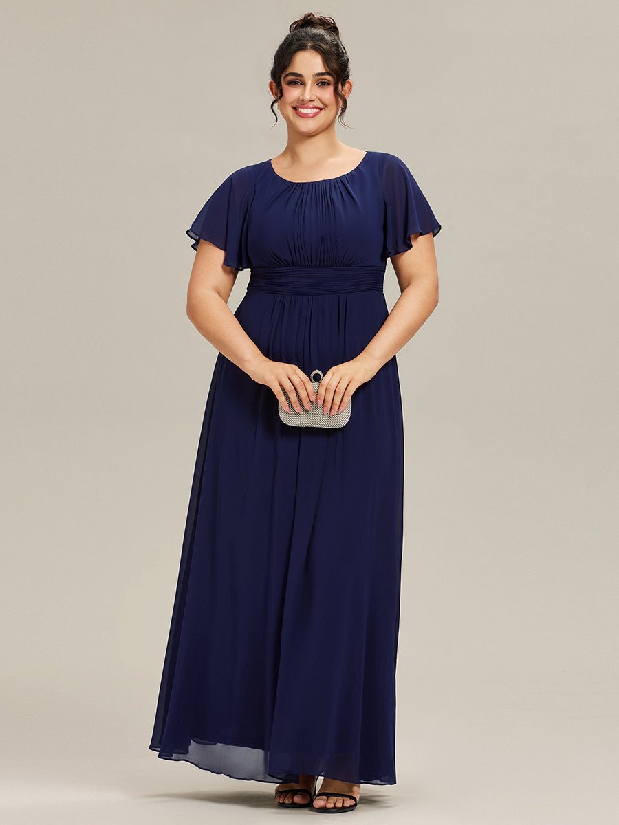 Robe demoiselle d'honneur en mousseline simple plissée de grande taille encolure ronde #Couleur_Bleu Marine