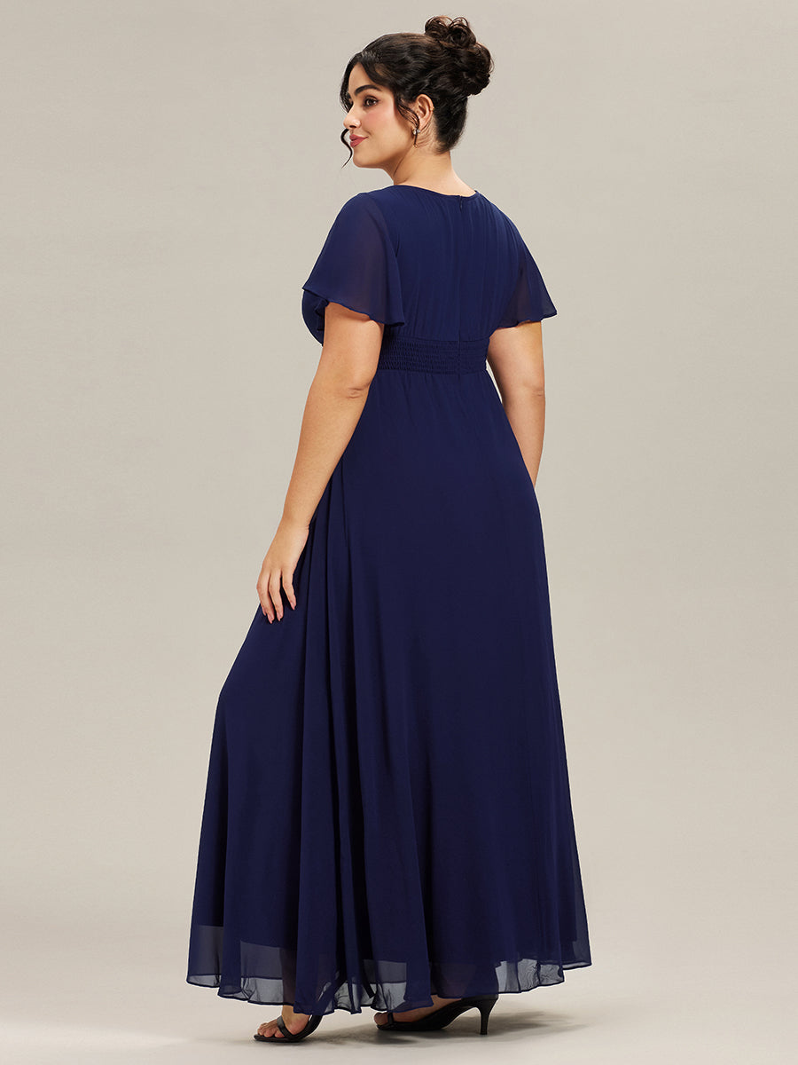 Robe demoiselle d'honneur en mousseline simple plissée de grande taille encolure ronde #Couleur_Bleu Marine