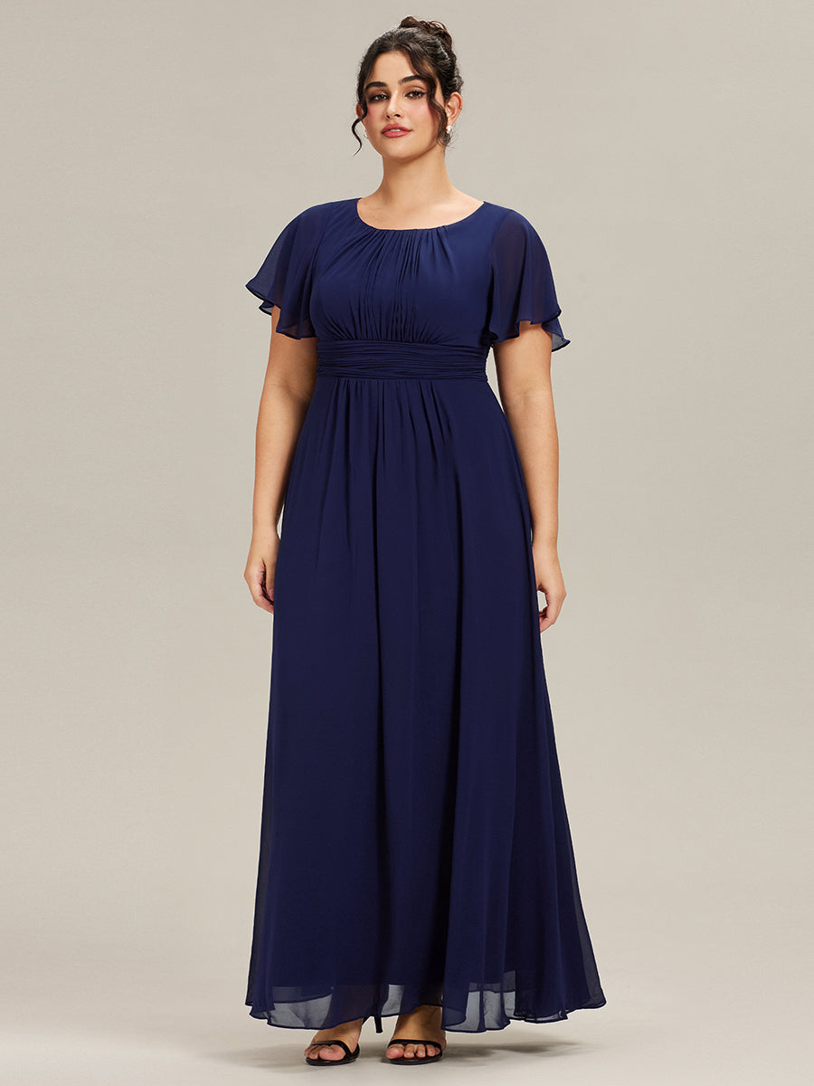 Robe de demoiselle d'honneur trapèze plissée en mousseline de soie simple, encolure ronde #Couleur_Bleu Marine