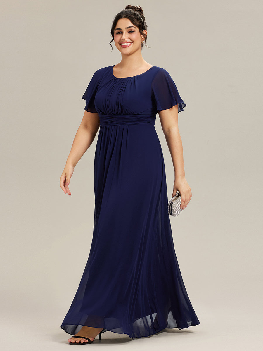 Robe demoiselle d'honneur en mousseline simple plissée de grande taille encolure ronde #Couleur_Bleu Marine