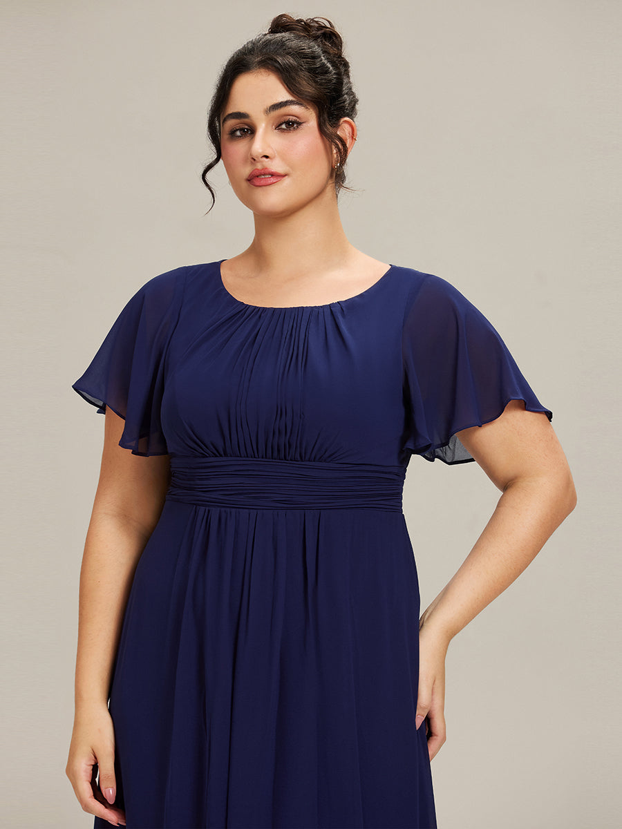 Robe demoiselle d'honneur en mousseline simple plissée de grande taille encolure ronde #Couleur_Bleu Marine