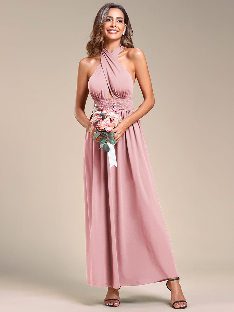 Robe demoiselle d'honneur dos nu convertible à licou et taille élastique #Couleur_Bordeaux Robe demoiselle d'honneur dos nu convertible à licou et taille élastique
