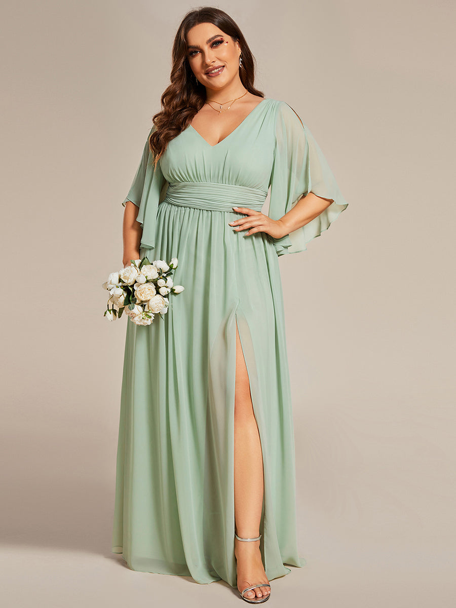 Robe Curvy en mousseline plissée Col V manches mi-longues #Couleur_Orchidee Grande Taille Robe Curvy en mousseline plissée Col V manches mi-longues