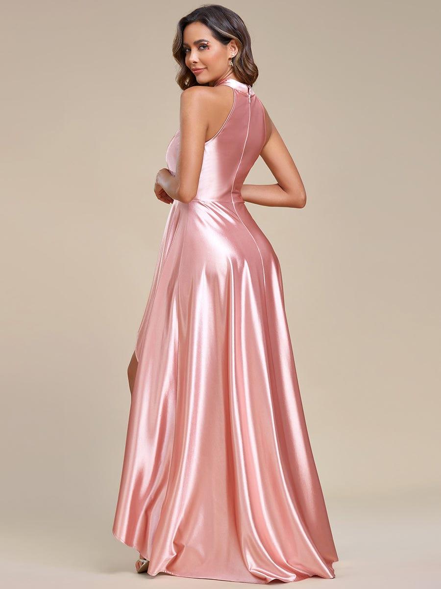 Robe de Bal Haut-Bas élégante en satin à licou #Couleur_Rose Robe de Bal Haut-Bas élégante en satin à licou