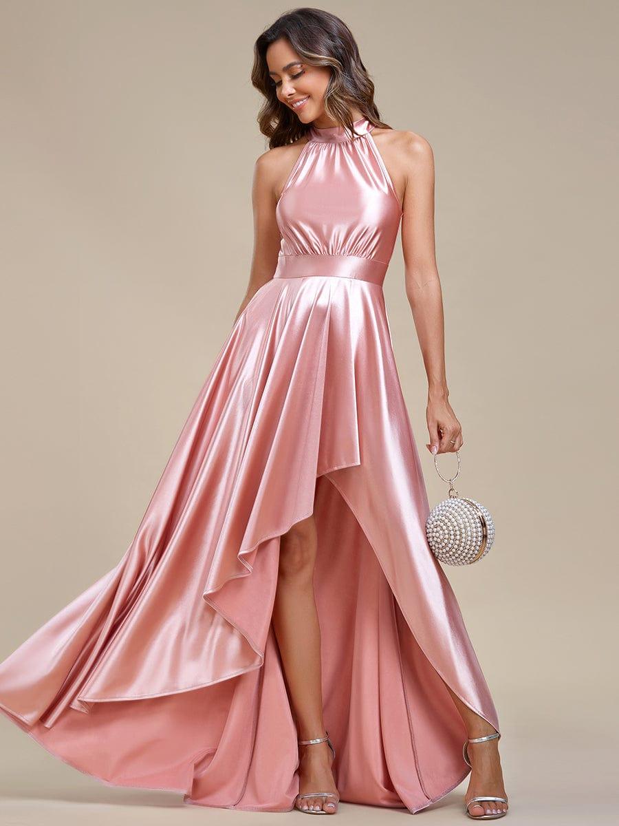 Robe de Bal Haut-Bas élégante en satin à licou #Couleur_Rose Robe de Bal Haut-Bas élégante en satin à licou