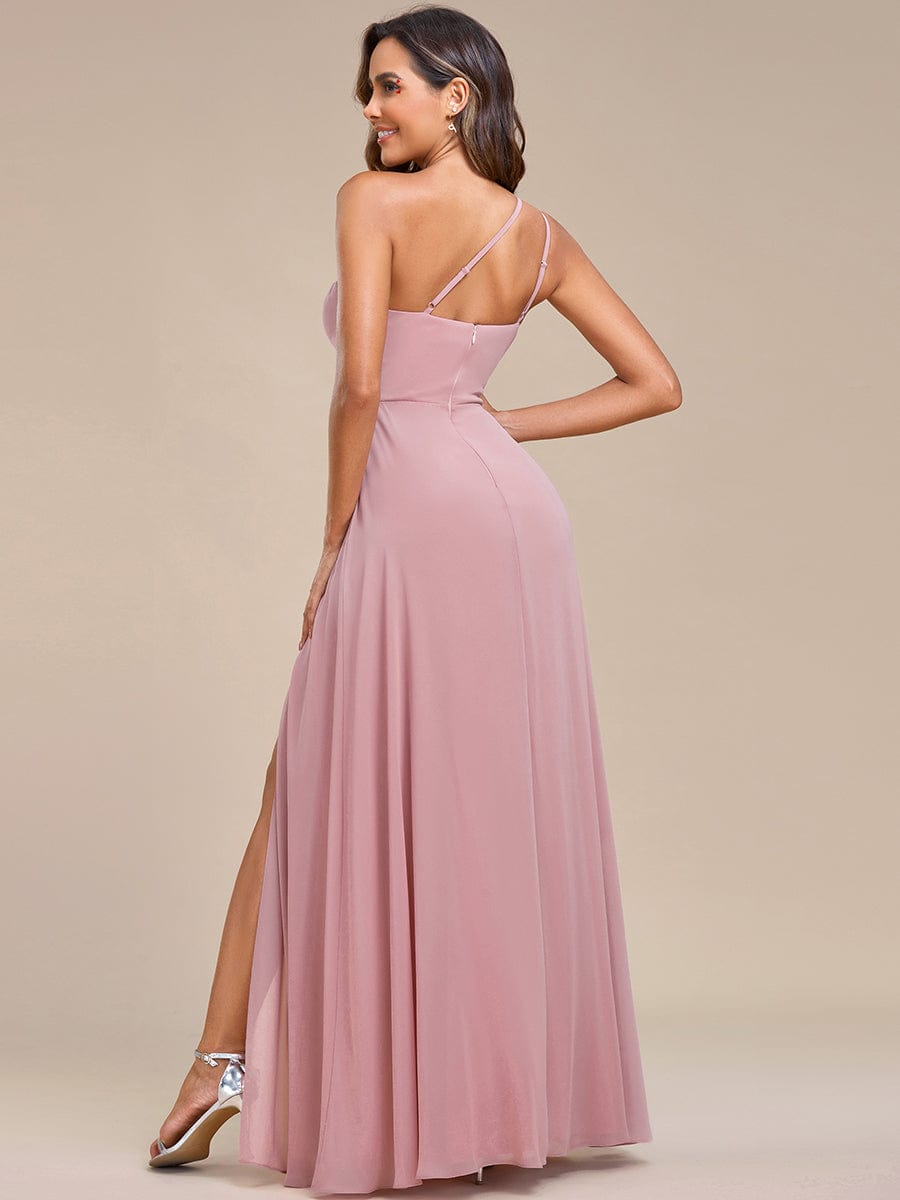 Robe demoiselle d'honneur A ligne à une épaule avec appliques à la taille fente haute #Couleur_Rose fumee Robe demoiselle d'honneur A ligne à une épaule avec appliques à la taille fente haute