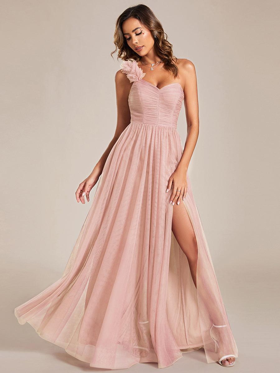 Robe demoiselle d'honneur à une épaule appliquée en tulle avec une fente haute #Couleur_Rose
