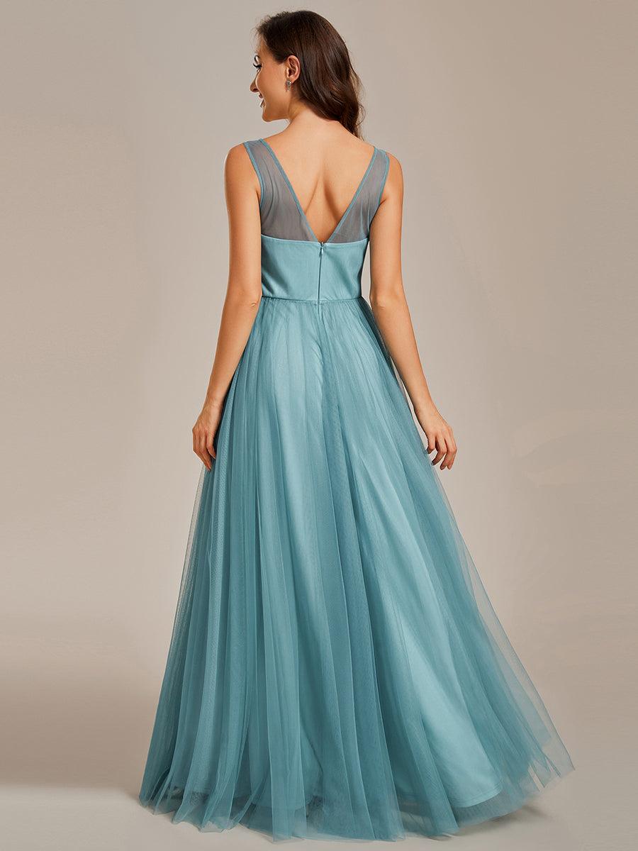 Robe de demoiselle d'honneur longue élégante à col en V et appliques#Couleur_Bleu Fume