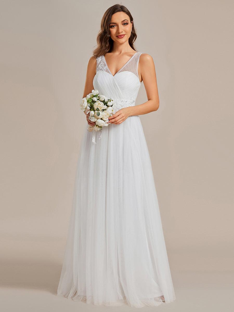 Robe de demoiselle d'honneur longue élégante à col en V et appliques#Couleur_Blanc