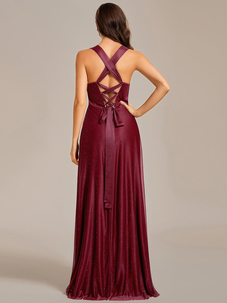 Robe de demoiselle d'honneur sans manches plissée et scintillante, col en V dos réglable lacets#Couleur_Bordeaux Robe de demoiselle d'honneur sans manches plissée et scintillante, col en V dos réglable lacets