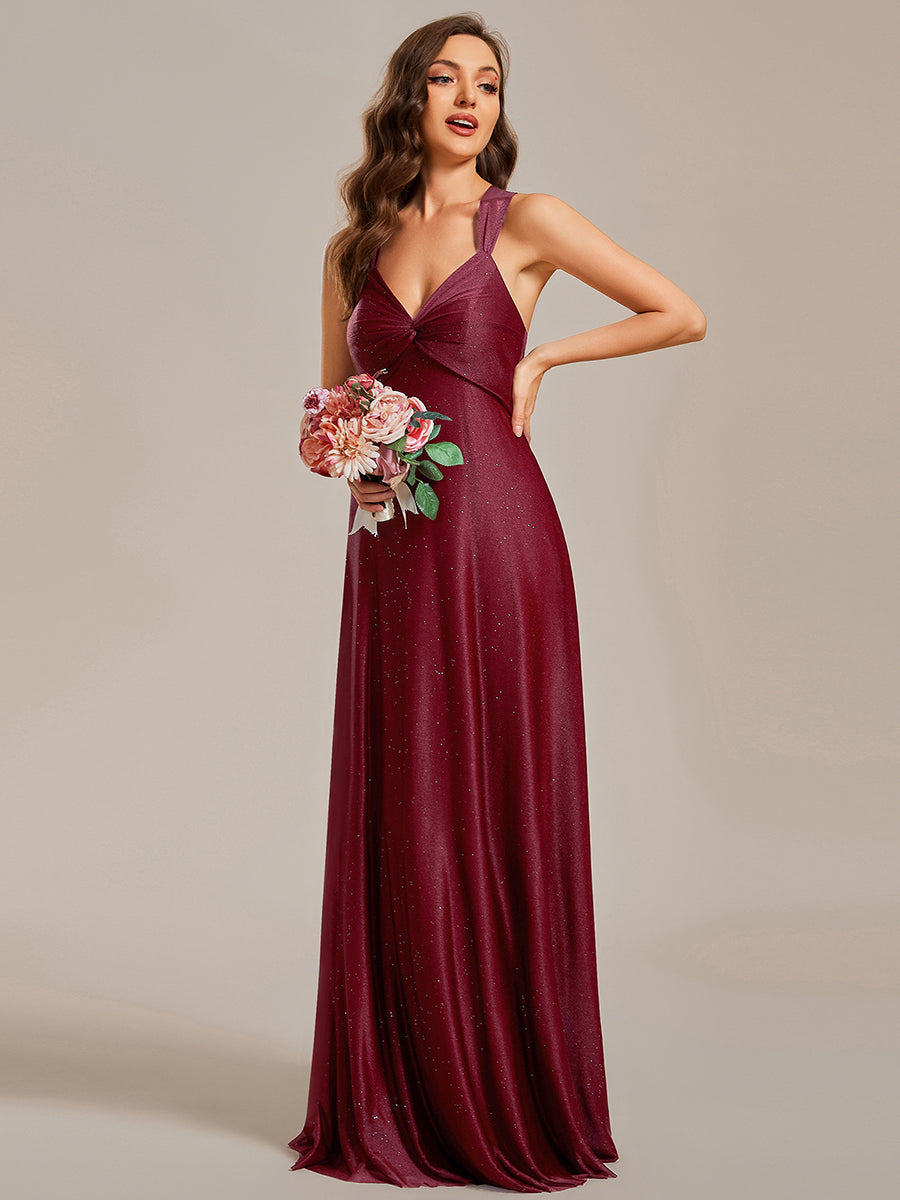 Robe de demoiselle d'honneur sans manches plissée et scintillante, col en V dos réglable lacets#Couleur_Bordeaux Robe de demoiselle d'honneur sans manches plissée et scintillante, col en V dos réglable lacets