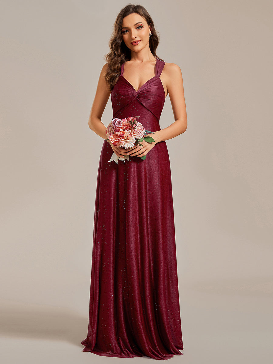 Robe de demoiselle d'honneur sans manches plissée et scintillante, col en V dos réglable lacets#Couleur_Bordeaux Robe de demoiselle d'honneur sans manches plissée et scintillante, col en V dos réglable lacets