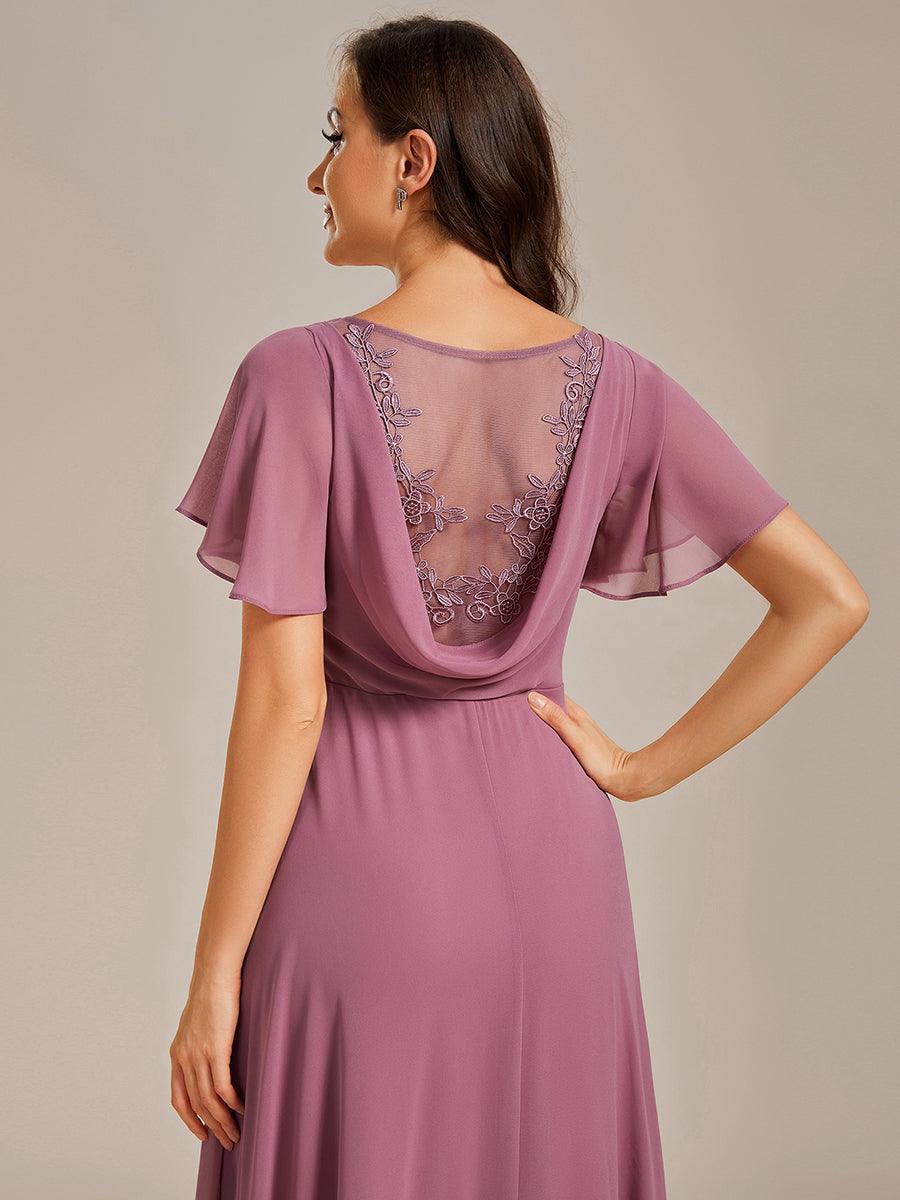 Robe de soirée trapèze à manches à volants et col rond transparent au dos#Couleur_Orchidee