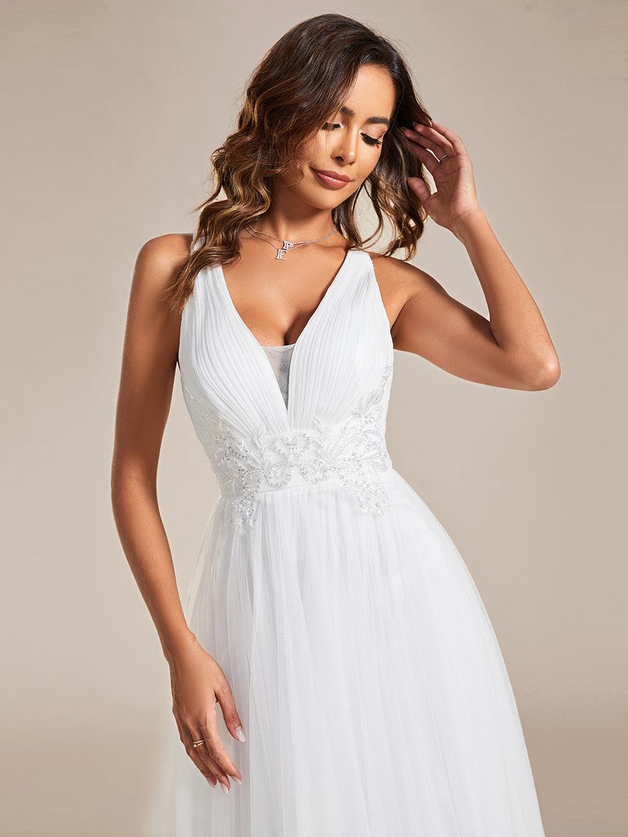Robe de demoiselle d'honneur trapèze élégante sans manches à col en V#Couleur_Blanc Robe de demoiselle d'honneur trapèze élégante sans manches à col en V