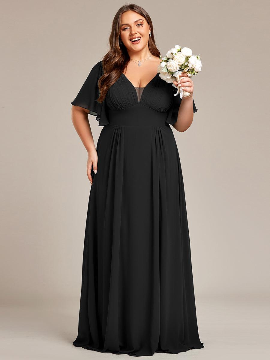 Robe de demoiselle d'honneur longue en mousseline de soie simple manches courtes taille empire ligne a grande taille #Couleur_Noir Robe de demoiselle d'honneur longue en mousseline de soie simple manches courtes taille empire ligne a grande taille