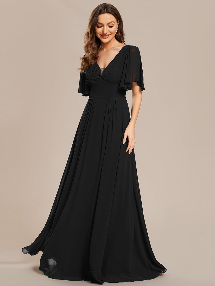 Robe de demoiselle d'honneur longue en mousseline de soie simple manches courtes taille empire ligne a #Couleur_Noir