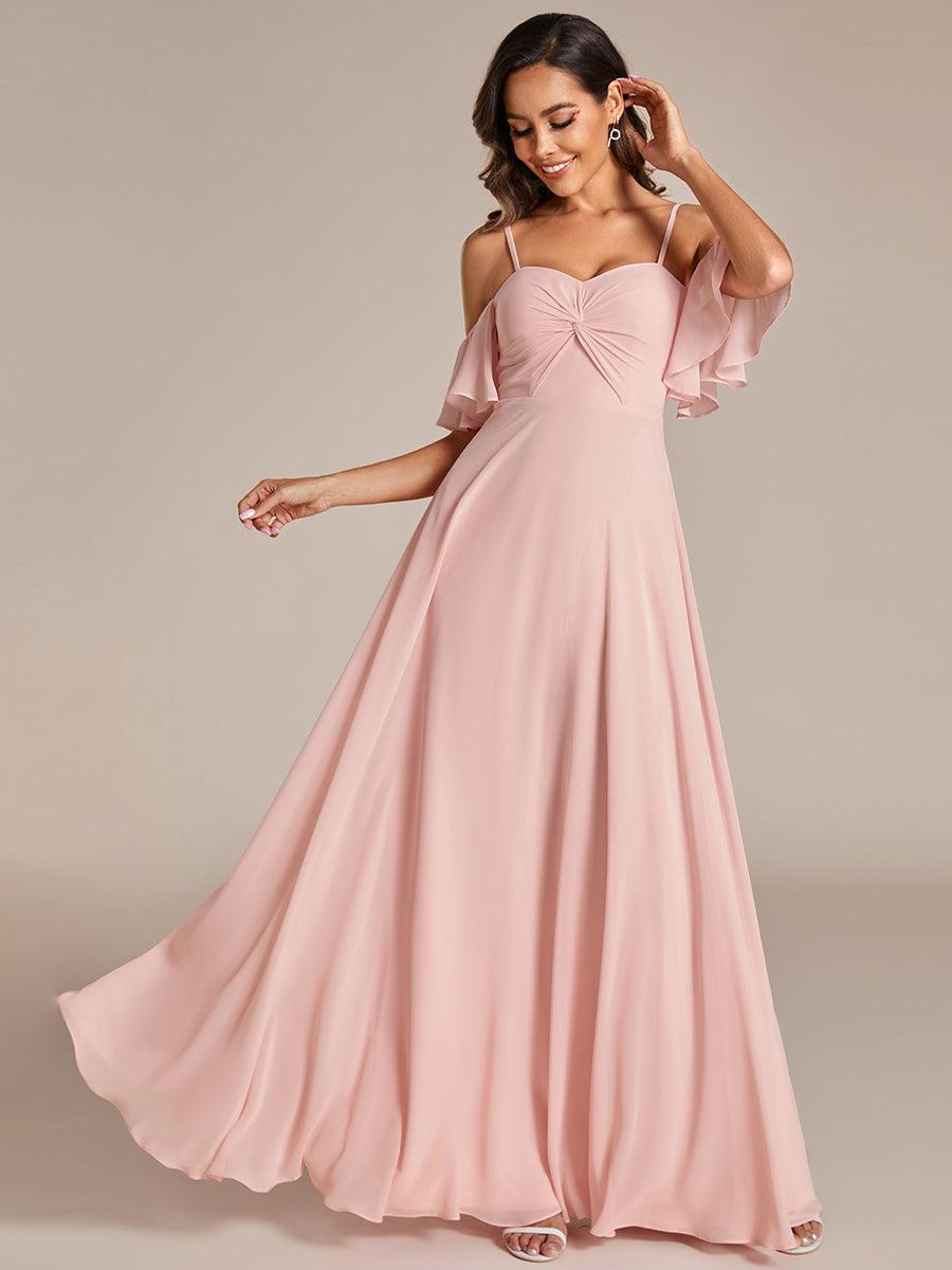 Robe de demoiselle d'honneur trapèze en mousseline de soie avec bretelles spaghetti et nœud #Couleur_Rose