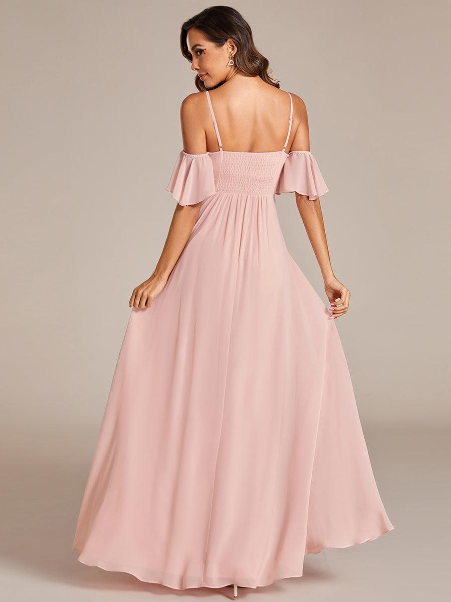 Robe de demoiselle d'honneur trapèze en mousseline de soie avec bretelles spaghetti et nœud #Couleur_Rose