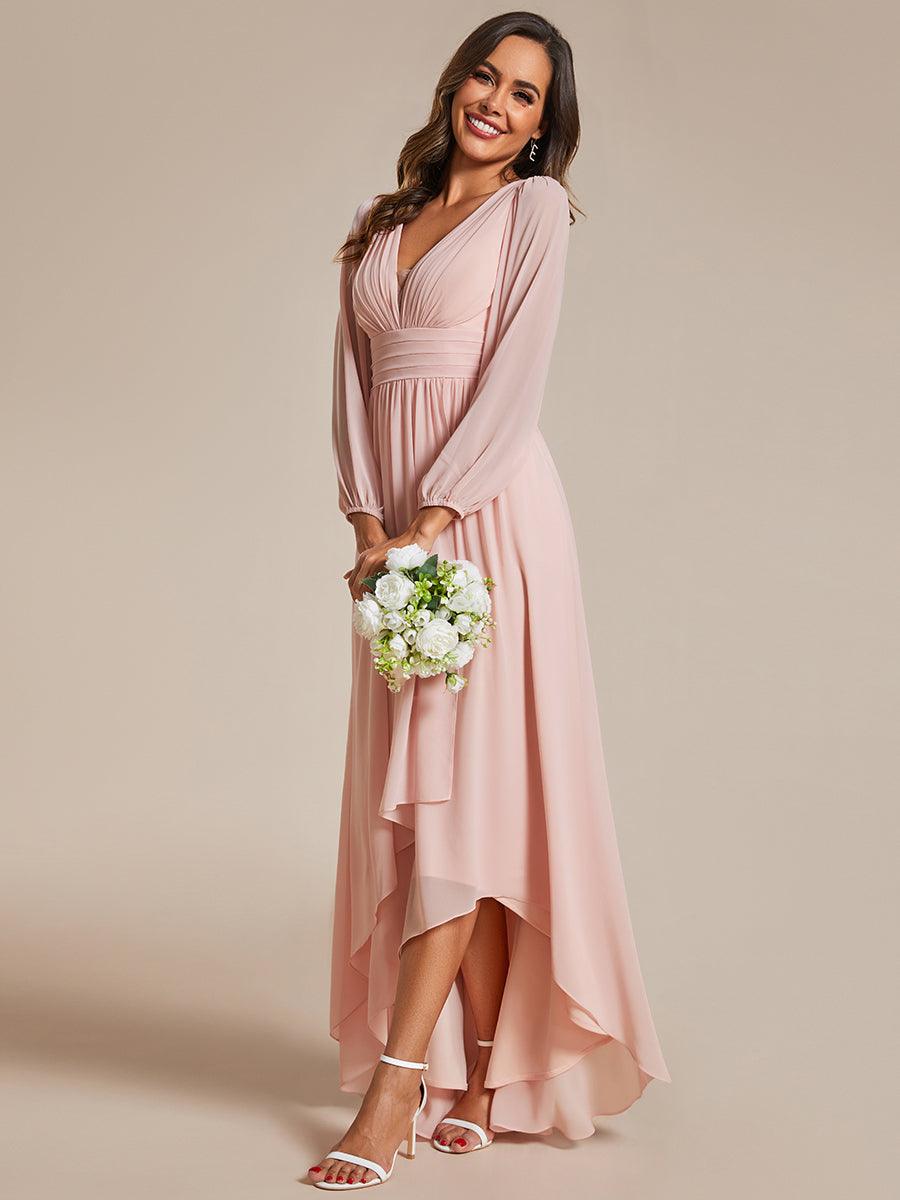 Charmante Robe De Demoiselle D'honneur Plissée À Manches Lanternes En Mousseline De Soie Et Taille Haute #Couleur_Rose