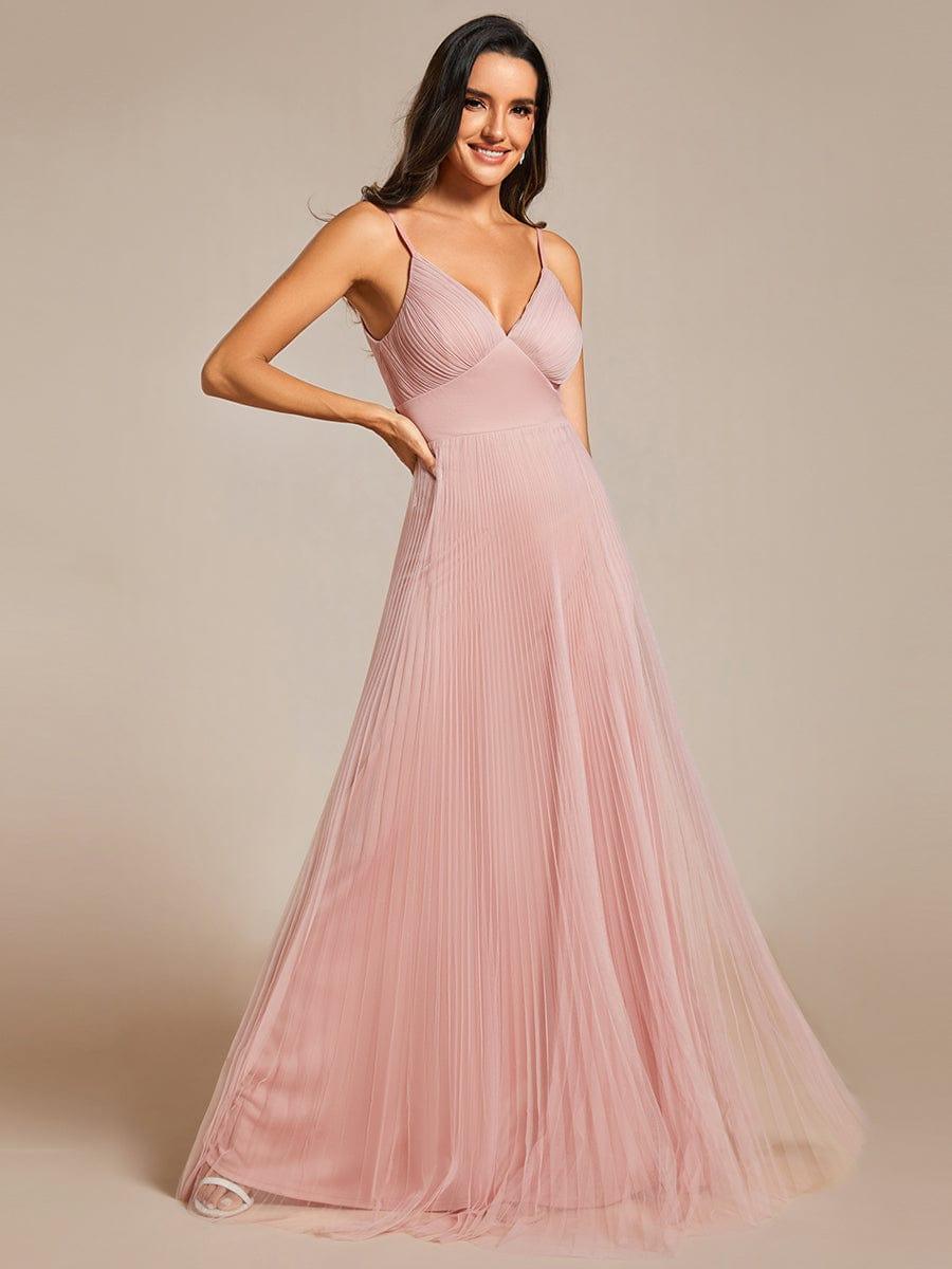Tulle V - cou sans manches jupe de demoiselle d'honneur plissée #Couleur_Rose