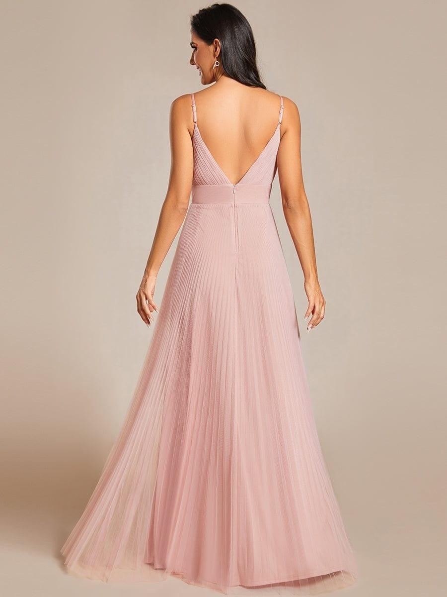 Tulle V - cou sans manches jupe de demoiselle d'honneur plissée #Couleur_Rose