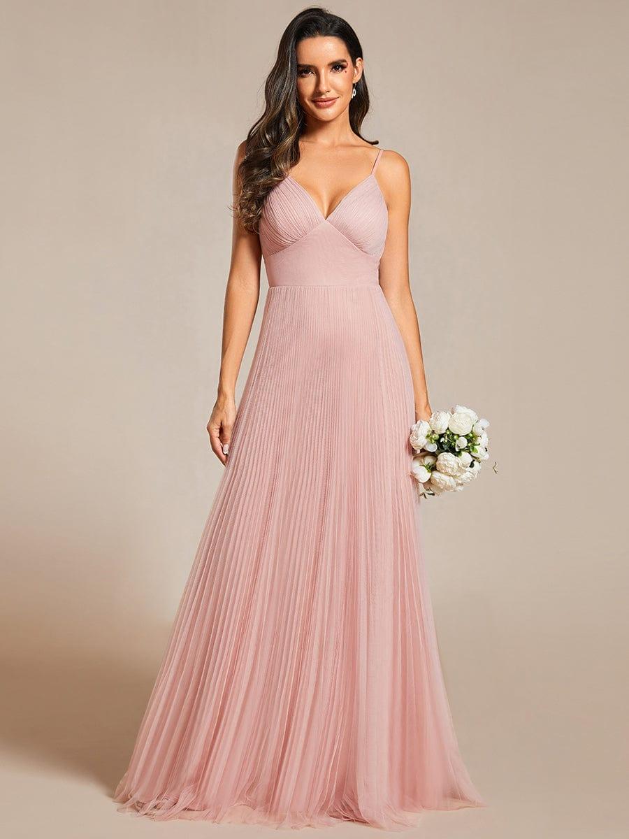 Tulle V - cou sans manches jupe de demoiselle d'honneur plissée #Couleur_Rose