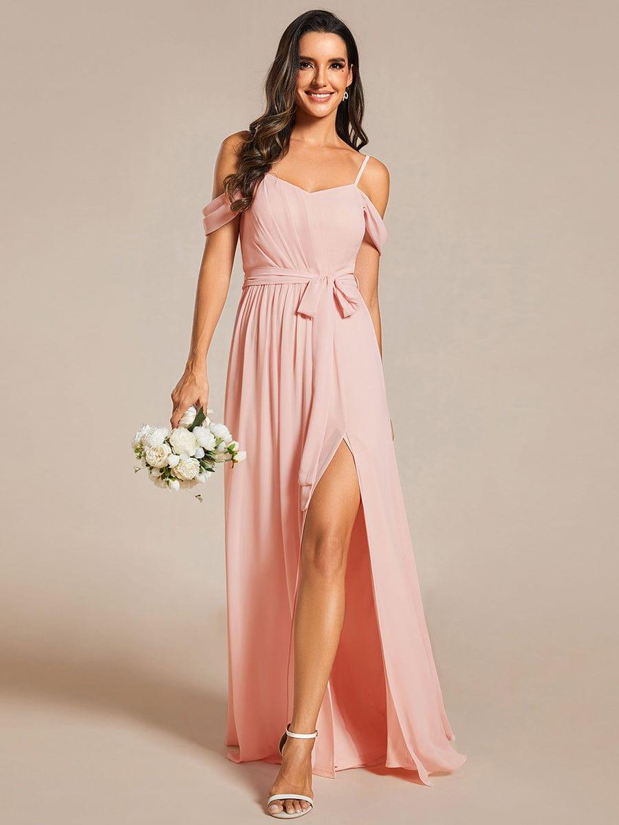 Mousseline de soie V - neck spaghetti bretelles haute jupe de demoiselle d'honneur à fourche #Couleur_Rose