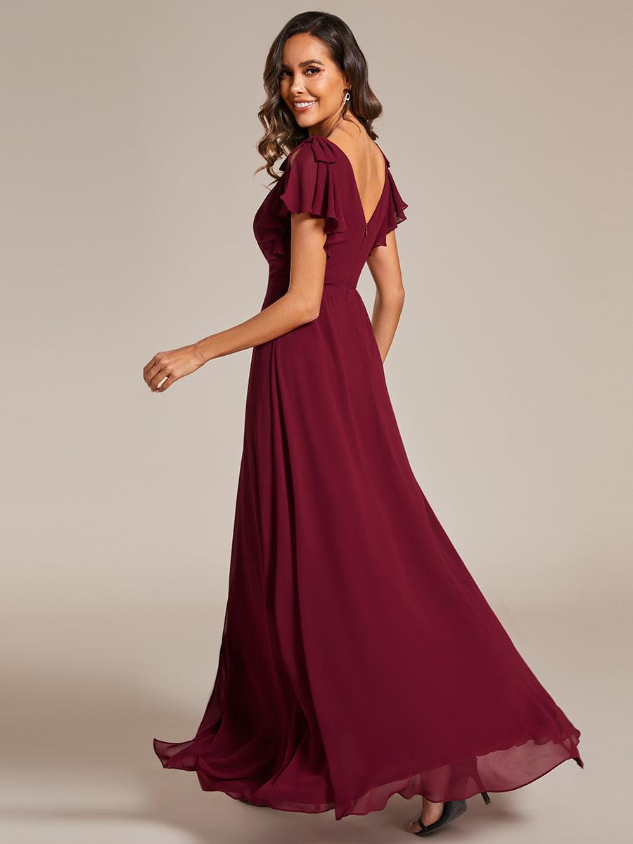 Robe de demoiselle d'honneur trapèze en mousseline à manches courtes avec n?ud papillon et fente haute sur le devant #Couleur_Bordeaux