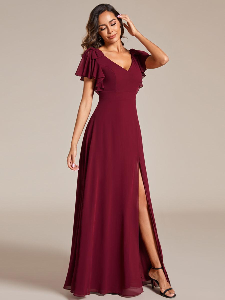 Robe de demoiselle d'honneur trapèze en mousseline à manches courtes avec n?ud papillon et fente haute sur le devant #Couleur_Bordeaux